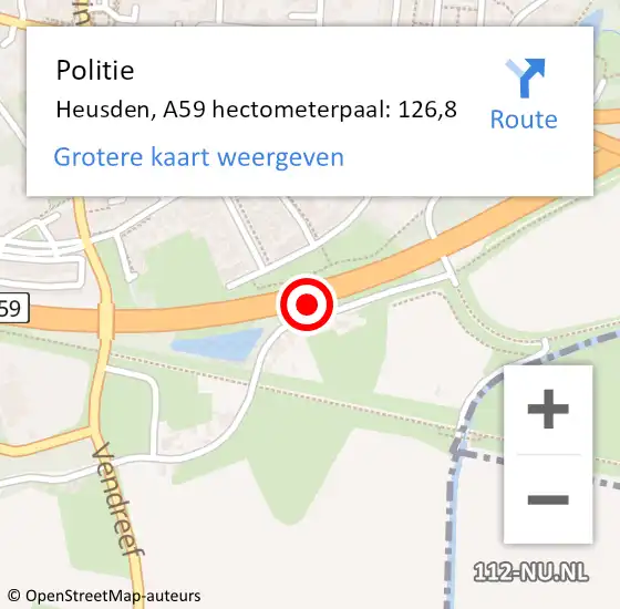 Locatie op kaart van de 112 melding: Politie Heusden, A59 hectometerpaal: 126,8 op 27 januari 2024 16:14