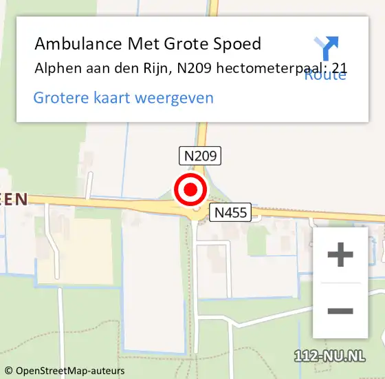 Locatie op kaart van de 112 melding: Ambulance Met Grote Spoed Naar Alphen aan den Rijn, N209 hectometerpaal: 21 op 27 januari 2024 16:50