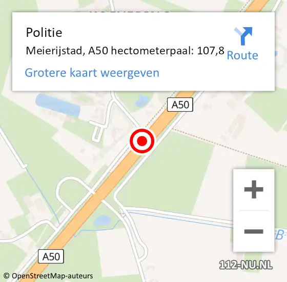 Locatie op kaart van de 112 melding: Politie Meierijstad, A50 hectometerpaal: 107,8 op 27 januari 2024 17:50