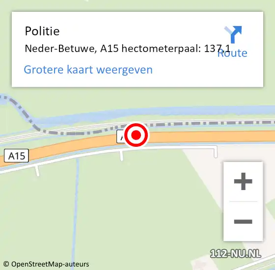 Locatie op kaart van de 112 melding: Politie Neder-Betuwe, A15 hectometerpaal: 137,1 op 27 januari 2024 21:51