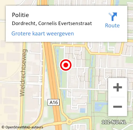 Locatie op kaart van de 112 melding: Politie Dordrecht, Cornelis Evertsenstraat op 27 januari 2024 22:25