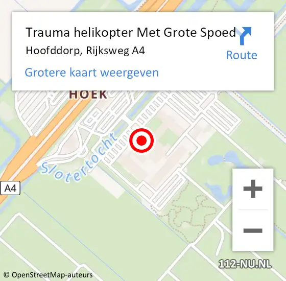 Locatie op kaart van de 112 melding: Trauma helikopter Met Grote Spoed Naar Hoofddorp, Rijksweg A4 op 27 januari 2024 22:39