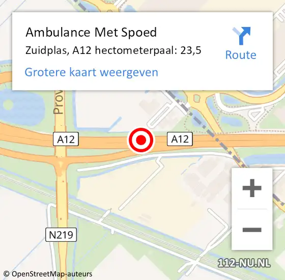 Locatie op kaart van de 112 melding: Ambulance Met Spoed Naar Zuidplas, A12 hectometerpaal: 23,5 op 27 januari 2024 23:43