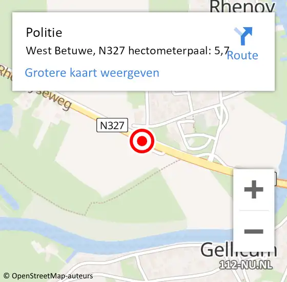 Locatie op kaart van de 112 melding: Politie West Betuwe, N327 hectometerpaal: 5,7 op 28 januari 2024 00:43
