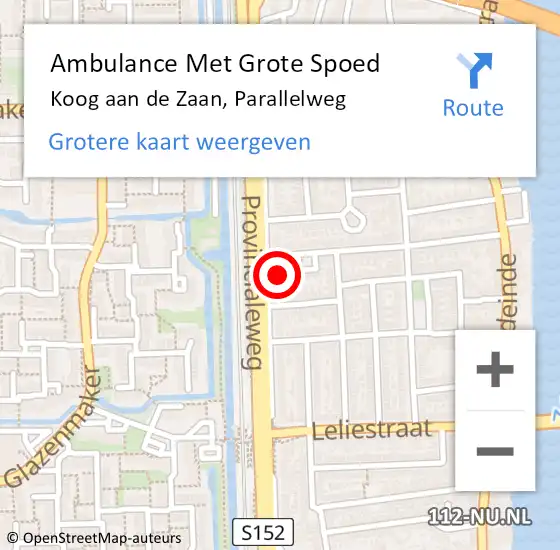 Locatie op kaart van de 112 melding: Ambulance Met Grote Spoed Naar Koog aan de Zaan, Parallelweg op 28 januari 2024 05:06