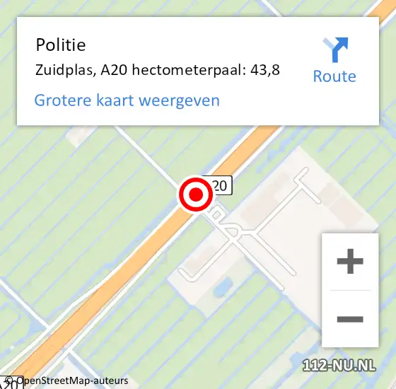 Locatie op kaart van de 112 melding: Politie Zuidplas, A20 hectometerpaal: 43,8 op 28 januari 2024 07:39