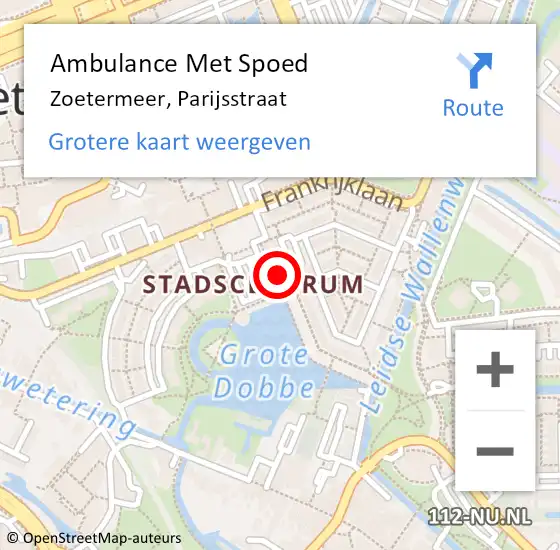 Locatie op kaart van de 112 melding: Ambulance Met Spoed Naar Zoetermeer, Parijsstraat op 28 januari 2024 09:18