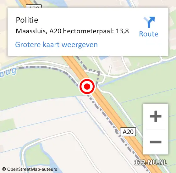 Locatie op kaart van de 112 melding: Politie Maassluis, A20 hectometerpaal: 13,8 op 28 januari 2024 11:18
