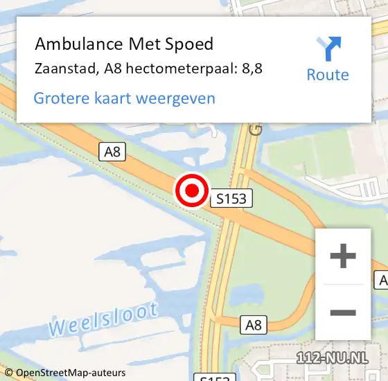 Locatie op kaart van de 112 melding: Ambulance Met Spoed Naar Zaanstad, A8 hectometerpaal: 8,8 op 28 januari 2024 12:53
