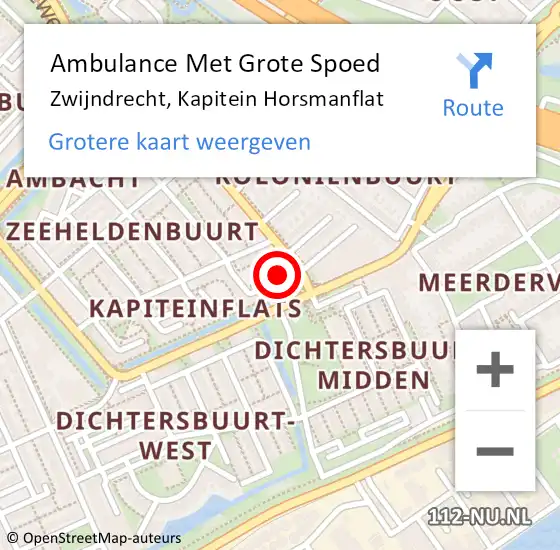 Locatie op kaart van de 112 melding: Ambulance Met Grote Spoed Naar Zwijndrecht, Kapitein Horsmanflat op 28 januari 2024 13:46