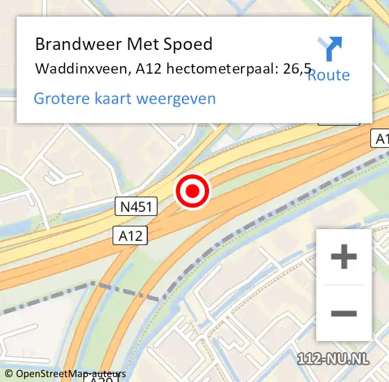 Locatie op kaart van de 112 melding: Brandweer Met Spoed Naar Waddinxveen, A12 hectometerpaal: 26,5 op 28 januari 2024 14:45