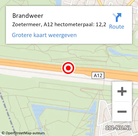 Locatie op kaart van de 112 melding: Brandweer Zoetermeer, A12 hectometerpaal: 12,2 op 28 januari 2024 15:27