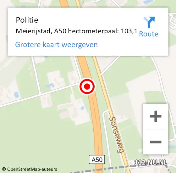 Locatie op kaart van de 112 melding: Politie Meierijstad, A50 hectometerpaal: 103,1 op 28 januari 2024 17:25