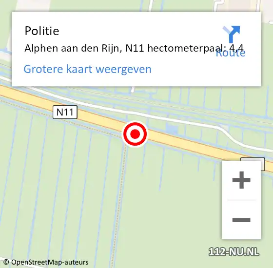 Locatie op kaart van de 112 melding: Politie Alphen aan den Rijn, N11 hectometerpaal: 4,4 op 28 januari 2024 20:43