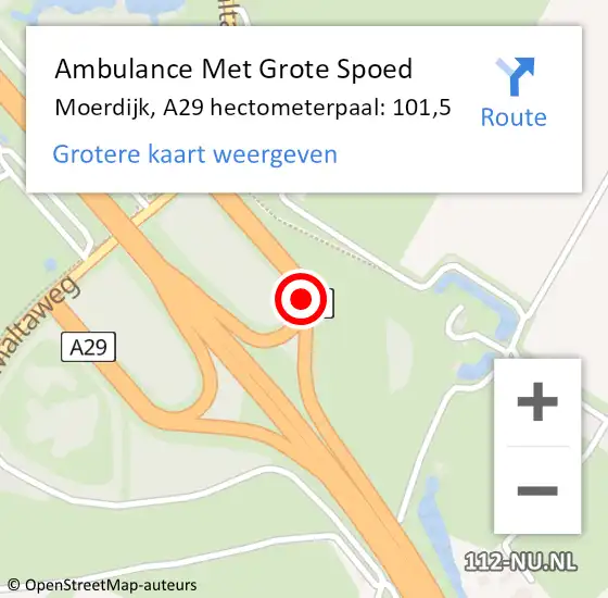Locatie op kaart van de 112 melding: Ambulance Met Grote Spoed Naar Moerdijk, A29 hectometerpaal: 101,5 op 28 januari 2024 21:32