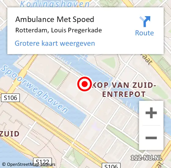 Locatie op kaart van de 112 melding: Ambulance Met Spoed Naar Rotterdam, Louis Pregerkade op 29 januari 2024 04:44