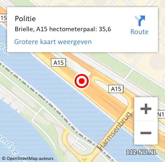 Locatie op kaart van de 112 melding: Politie Brielle, A15 hectometerpaal: 35,6 op 29 januari 2024 06:24