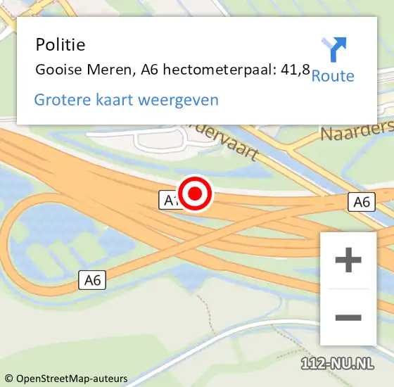 Locatie op kaart van de 112 melding: Politie Gooise Meren, A6 hectometerpaal: 41,8 op 29 januari 2024 08:05