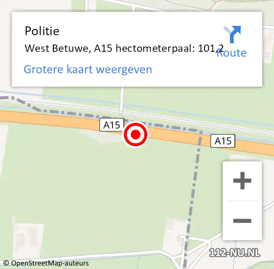 Locatie op kaart van de 112 melding: Politie West Betuwe, A15 hectometerpaal: 101,2 op 29 januari 2024 08:05