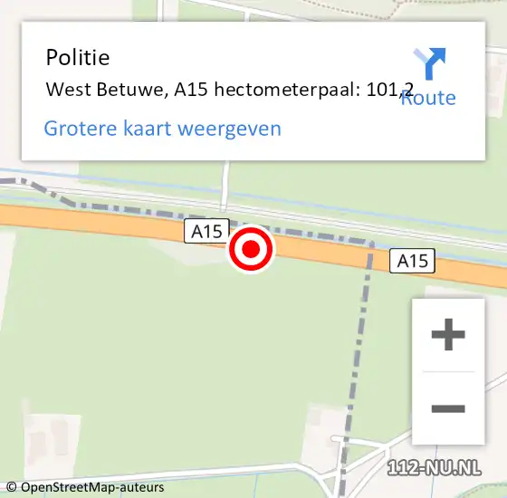 Locatie op kaart van de 112 melding: Politie West Betuwe, A15 hectometerpaal: 101,2 op 29 januari 2024 08:06