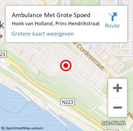 Locatie op kaart van de 112 melding: Ambulance Met Grote Spoed Naar Hoek van Holland, Prins Hendrikstraat op 23 september 2014 22:01