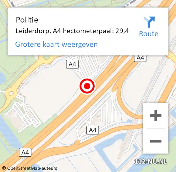 Locatie op kaart van de 112 melding: Politie Leiderdorp, A4 hectometerpaal: 29,4 op 29 januari 2024 13:36