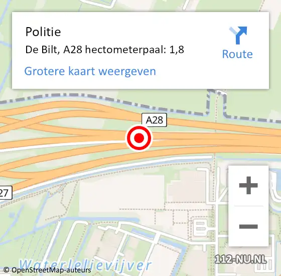 Locatie op kaart van de 112 melding: Politie De Bilt, A28 hectometerpaal: 1,8 op 29 januari 2024 15:59