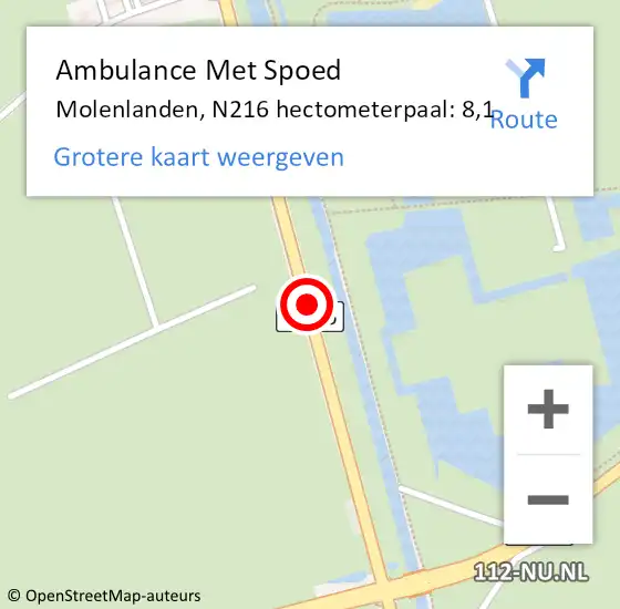 Locatie op kaart van de 112 melding: Ambulance Met Spoed Naar Molenlanden, N216 hectometerpaal: 8,1 op 29 januari 2024 16:56