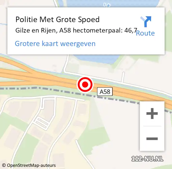 Locatie op kaart van de 112 melding: Politie Met Grote Spoed Naar Gilze en Rijen, A58 hectometerpaal: 46,7 op 29 januari 2024 17:12