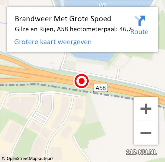 Locatie op kaart van de 112 melding: Brandweer Met Grote Spoed Naar Gilze en Rijen, A58 hectometerpaal: 46,7 op 29 januari 2024 17:13