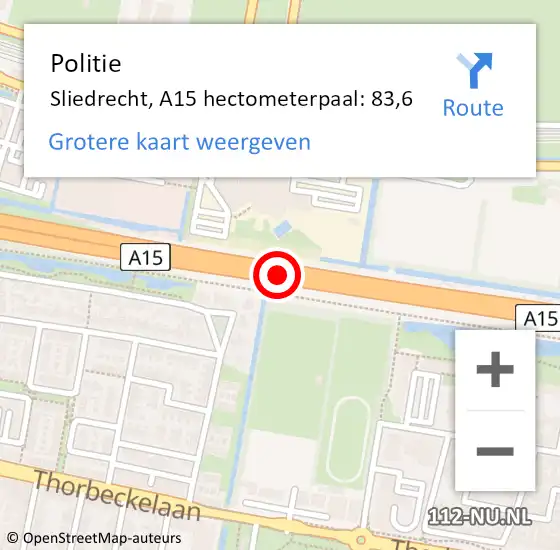 Locatie op kaart van de 112 melding: Politie Sliedrecht, A15 hectometerpaal: 83,6 op 29 januari 2024 18:41