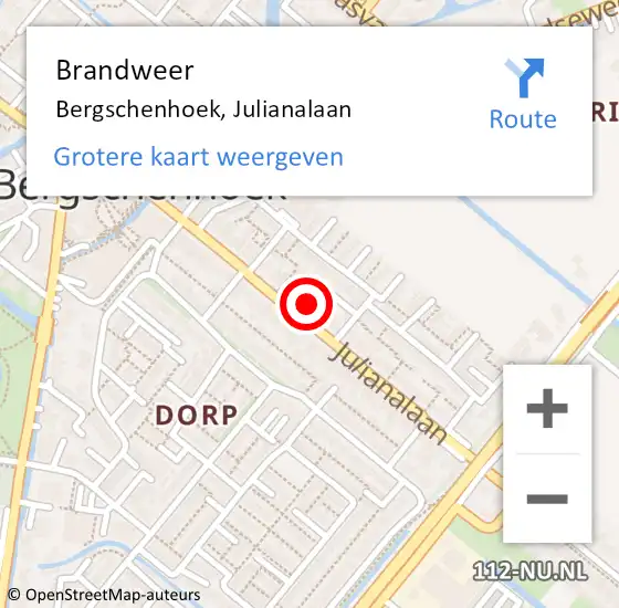 Locatie op kaart van de 112 melding: Brandweer Bergschenhoek, Julianalaan op 29 januari 2024 19:28