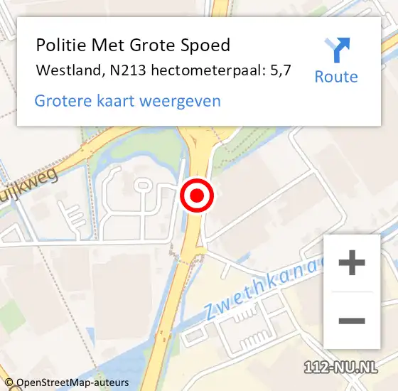 Locatie op kaart van de 112 melding: Politie Met Grote Spoed Naar Westland, N213 hectometerpaal: 5,7 op 29 januari 2024 22:15