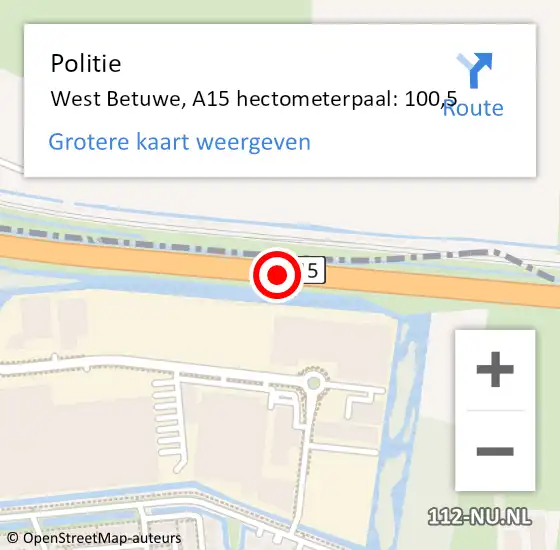 Locatie op kaart van de 112 melding: Politie West Betuwe, A15 hectometerpaal: 100,5 op 29 januari 2024 22:44