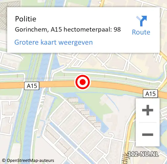 Locatie op kaart van de 112 melding: Politie Gorinchem, A15 hectometerpaal: 98 op 29 januari 2024 22:45