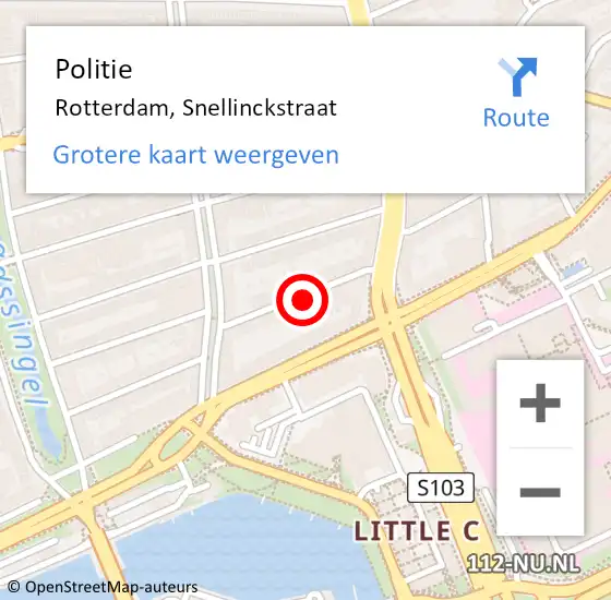 Locatie op kaart van de 112 melding: Politie Rotterdam, Snellinckstraat op 30 januari 2024 01:12