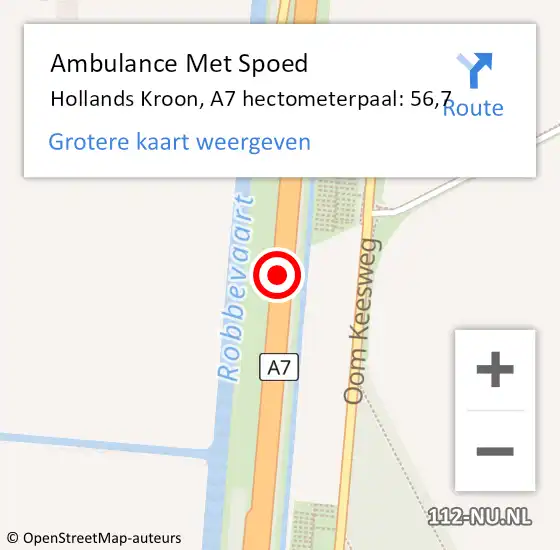 Locatie op kaart van de 112 melding: Ambulance Met Spoed Naar Hollands Kroon, A7 hectometerpaal: 56,7 op 30 januari 2024 05:20