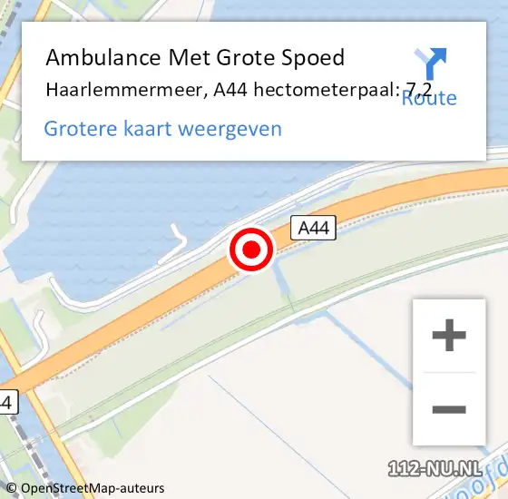 Locatie op kaart van de 112 melding: Ambulance Met Grote Spoed Naar Haarlemmermeer, A44 hectometerpaal: 7,2 op 30 januari 2024 07:53