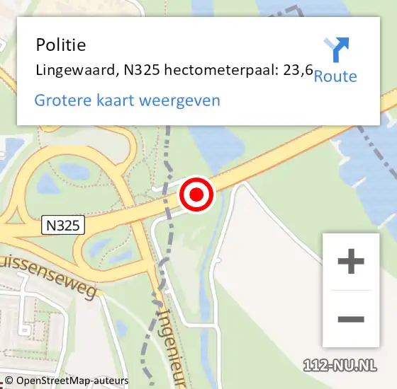 Locatie op kaart van de 112 melding: Politie Lingewaard, N325 hectometerpaal: 23,6 op 30 januari 2024 08:15