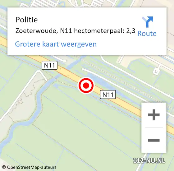 Locatie op kaart van de 112 melding: Politie Zoeterwoude, N11 hectometerpaal: 2,3 op 30 januari 2024 08:32