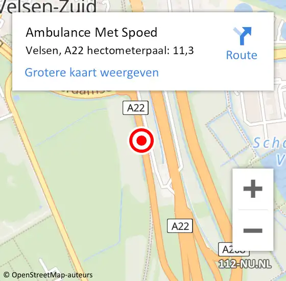 Locatie op kaart van de 112 melding: Ambulance Met Spoed Naar Velsen, A22 hectometerpaal: 11,3 op 30 januari 2024 08:45