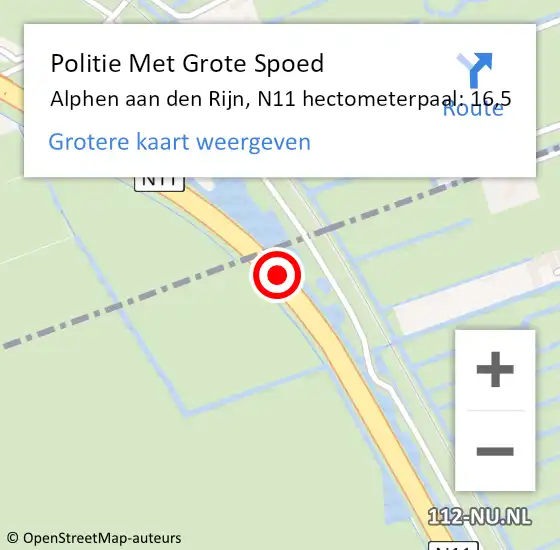 Locatie op kaart van de 112 melding: Politie Met Grote Spoed Naar Alphen aan den Rijn, N11 hectometerpaal: 16,5 op 30 januari 2024 09:44