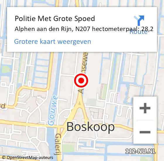 Locatie op kaart van de 112 melding: Politie Met Grote Spoed Naar Alphen aan den Rijn, N207 hectometerpaal: 28,2 op 30 januari 2024 11:26