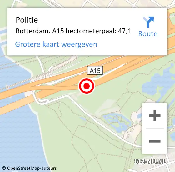 Locatie op kaart van de 112 melding: Politie Rotterdam, A15 hectometerpaal: 47,1 op 30 januari 2024 15:09