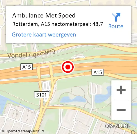 Locatie op kaart van de 112 melding: Ambulance Met Spoed Naar Rotterdam, A15 hectometerpaal: 48,7 op 30 januari 2024 15:22