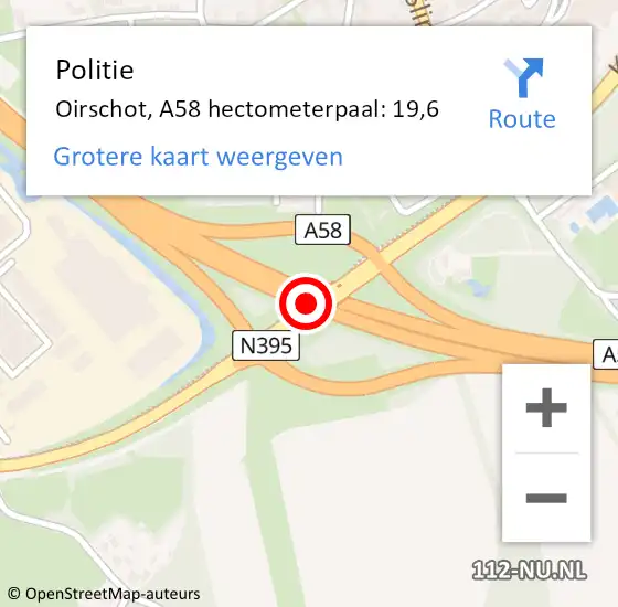 Locatie op kaart van de 112 melding: Politie Oirschot, A58 hectometerpaal: 19,6 op 30 januari 2024 15:48