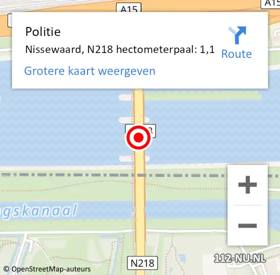 Locatie op kaart van de 112 melding: Politie Nissewaard, N218 hectometerpaal: 1,1 op 30 januari 2024 16:48