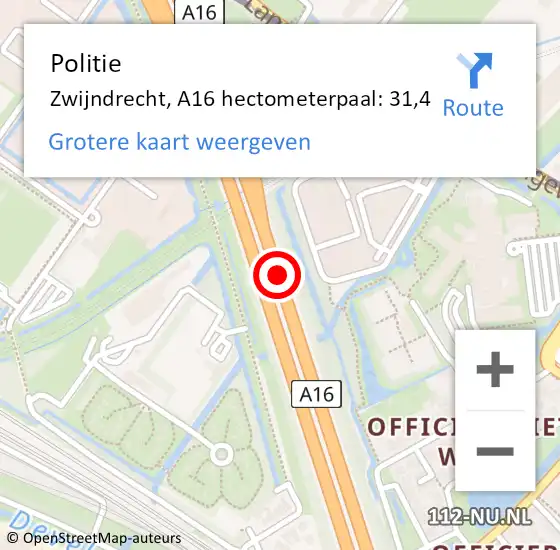 Locatie op kaart van de 112 melding: Politie Zwijndrecht, A16 hectometerpaal: 31,4 op 30 januari 2024 16:52