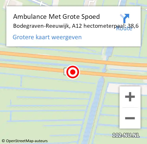 Locatie op kaart van de 112 melding: Ambulance Met Grote Spoed Naar Bodegraven-Reeuwijk, A12 hectometerpaal: 38,6 op 30 januari 2024 17:58