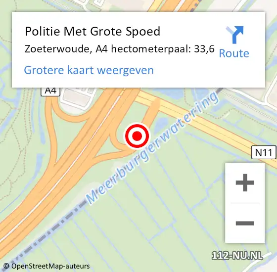 Locatie op kaart van de 112 melding: Politie Met Grote Spoed Naar Zoeterwoude, A4 hectometerpaal: 33,6 op 30 januari 2024 19:45